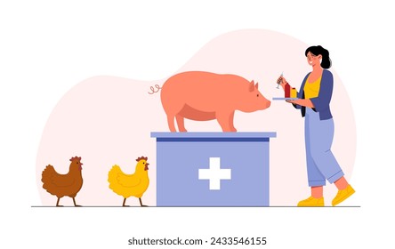 Veterinarian woman concept. Young girl with pig and chicken. Health care and treatment of domestic animals. Doctor work in vet clinic. Cartoon flat vector illustration isolated on white background