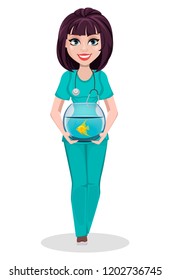 Veterinarian woman. Cute cartoon character, professional female vet doctor holding aquarium with fish. Vector illustration on white background.