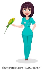 Veterinarian woman. Cute cartoon character, professional female vet doctor holding parrot. Vector illustration on white background.