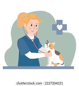 Veterinarian woman examining cat with stethoscope in vet interior