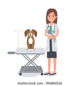 Veterinarian woman in her office. Veterinary clinic vector concept illustration.