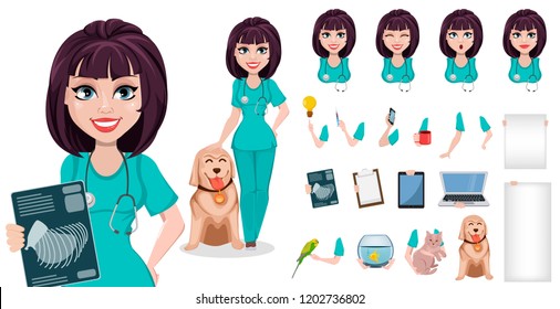 Veterinarian woman, pack of body parts, emotions and things. Build your personal design. Cute cartoon character, professional female vet doctor. Vector illustration 