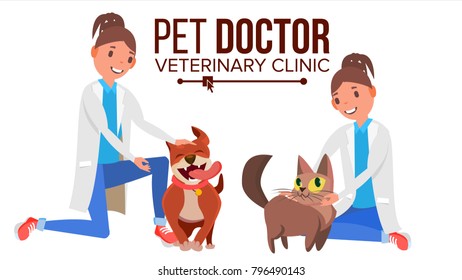 Veterinarian Woman Vector. Dog And Cat. Clinic For Animals. Pet Doctor, Nurse. Treatment For Wild, Domestic Animals. Isolated Flat Cartoon Illustration

