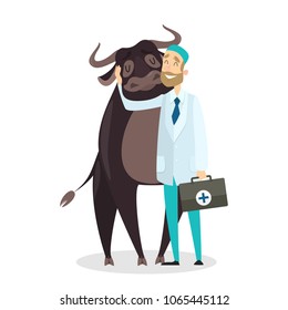 Veterinarians with animal as bull on white background.