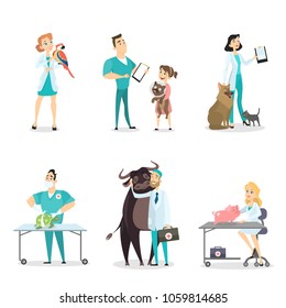 Veterinarians with animals set on white background.