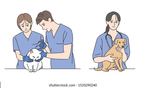 Veterinarians care for dogs and cats. hand drawn style vector design illustrations.