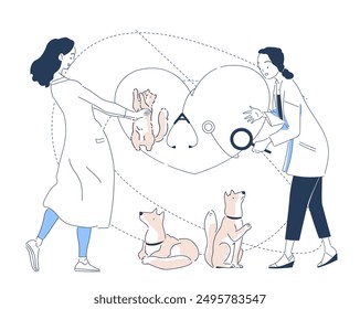 Veterinarians with cats. Women in medical uniform with magnifying glass and stethoscope analyze cats and dogs. Health care and medicine. Diagnosis and treatment. Linear vector illustration