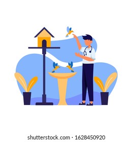veterinarians check pet health, dog, kitten and bird vector illustration, suitable for landing page, ui, website, mobile app, editorial, poster, flyer, article, and banner