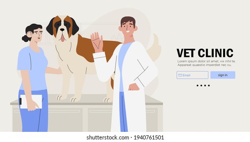 Veterinarians doctor and a nurse examining dog. Creative banner, flyer, landing page or a blog post for a vet clinic, veterinary office or hospital.