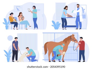 Veterinarios que examinan y tratan a los animales establecen ilustraciones planas vectoriales. Tratamiento y examen de mascotas en clínica veterinaria. Los dueños visitaron al médico en el hospital con perros, gatos, conejos y caballos aislados