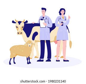 Veterinarians man and woman with a cow and sheep. Health check. Preparing for vaccination. Vector illustration in flat cartoon style. Isolated on a white background.