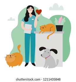 Veterinarians medical with cute animals vector illustration. Cartoon Veterinary and animals, modern illustration