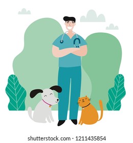 Veterinarians medical with cute animals vector illustration. Cartoon Veterinary and animals, modern illustration