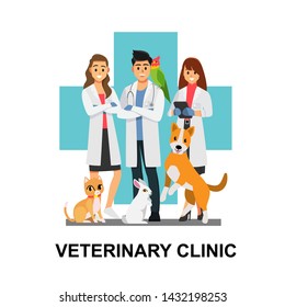 Veterinarians medical team with cute animals vector illustration. Cartoon Veterinary and animals, vector and illustration Background