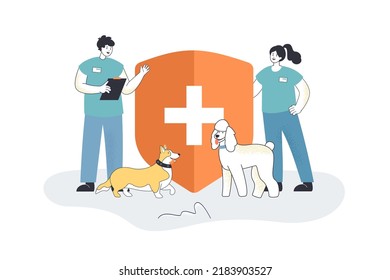 Veterinarians near shield with medical cross. Vets taking care of cats, dogs and other pets flat vector illustration. Healthcare, medicine concept for banner, website design or landing web page