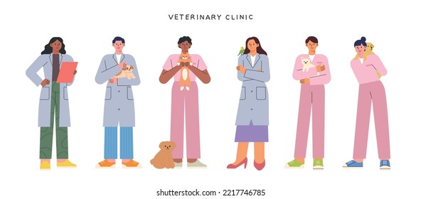 Veterinarians in uniform stand with animals. flat vector illustration.