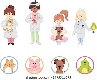 
Veterinarians vector children's theme characters with animals Vet Pig Dog Cat Bird