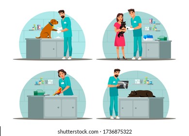 Veterinarians work scene set. Man examines dog, showing an x-ray, bandages cat. Woman checkups parrot, nurse assists. Vet clinic, animal care, pet medical treatment. Vector illustration