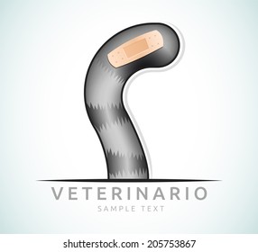 Veterinario - Veterinary spanish text - Cat tail with a Band Aid - Cat icon, emblem. 