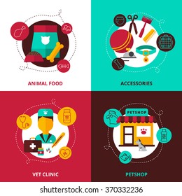 Veterinary 2x2 design concept set of  feed and accessories for animals vet clinic and pet shop compositions flat vector illustration 