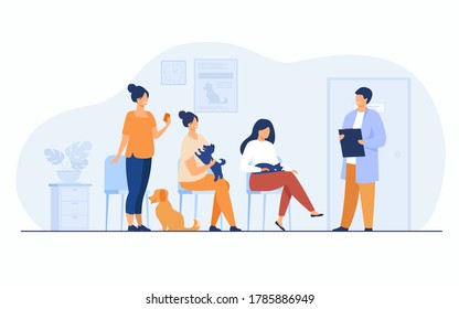 Veterinary and animal care concept. People and their pets visiting veterinarian clinic, holding sick cats and dogs in arms, waiting their turn at vet office. Flat vector illustration