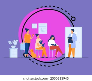 Veterinary and animal care concept. People and their pets visiting veterinarian clinic, holding sick cats and dogs in arms, waiting their turn at vet office. Flat vector illustration