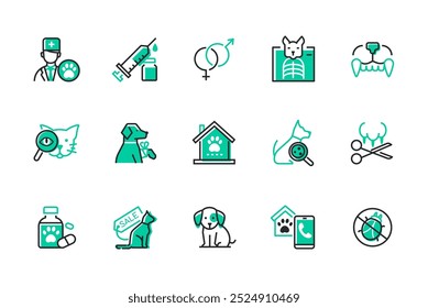 Veterinary and animal care - set of line design style icons isolated on white background. High quality images of doctor, vaccination, x-ray, parasite treatment, paw fracture, fleas, nail trimming