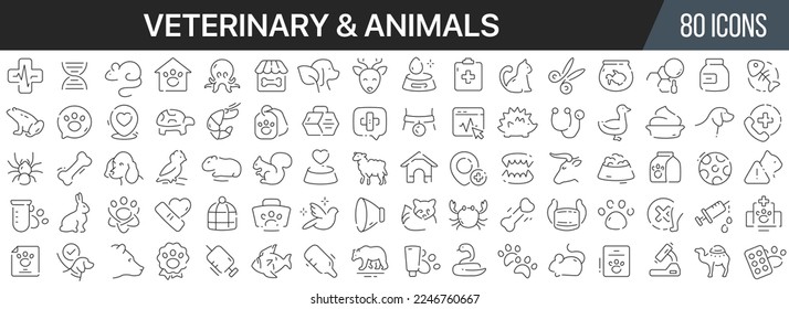 Colección de iconos de línea veterinaria y animal. Un gran icono de interfaz de usuario en un diseño plano. Paquete de iconos de contorno delgado. Ilustración del vector EPS10