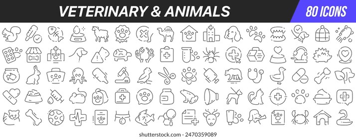 Veterinary and animals line icons collection. Big UI icon set in a flat design. Thin outline icons pack. Vector illustration EPS10