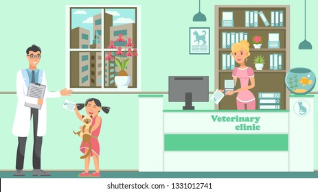 Veterinary Appointment Flat Vector Illustration. Girl, Cat, Vet Doctor and Receptionist Cartoon Character. Child Hug Siamese. Vet Prescription. Pet Lover, Medicine, Pet Relationship. Animal Hospital