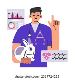 Veterinary appointment. Medical clinic for pets. Rabbit health check. Vet doctor examinating a bunny. Flat vector illustration