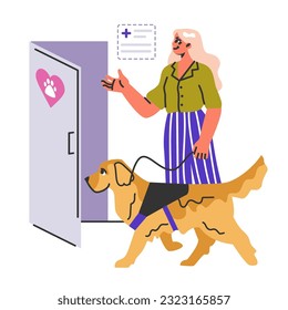 Cita veterinaria. El dueño de una mascota visita una clínica médica. Mujer joven con un perro en un examen de salud. Visita al médico veterinario. Ilustración vectorial plana
