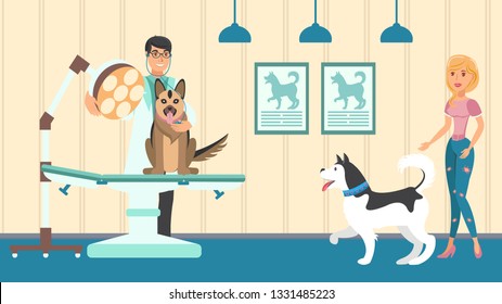 Veterinary Appointment Vector Flat Illustration. Vet Doctor Check Up Animals In Examination Room. Dog Lover, Veterinarian, Dogs Cartoon Character. Vet Surgery Interior Horizontal Drawing