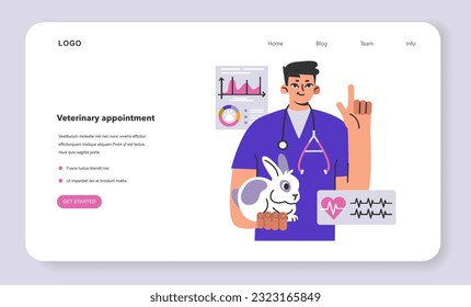 Veterinary appointment web banner or landing page. Medical clinic for pets. Rabbit health check. Vet doctor examinating a bunny. Flat vector illustration