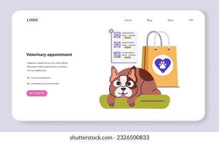 Veterinary appointment web banner or landing page. Medical clinic form prescription. Dog health check. Puppy prescription medications for disease treatment. Flat vector illustration