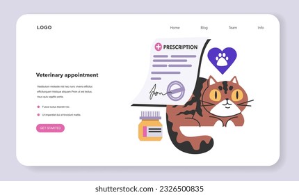 Veterinary appointment web banner or landing page. Medical clinic form prescription. Cat health check. Kitten prescription medications for disease treatment. Flat vector illustration