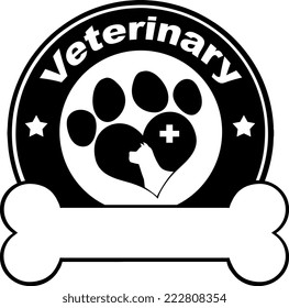 Veterinary Black Circle Label Design With Love Paw Dog, Cross And Bone Under Text. Vector Illustration Isolated on white