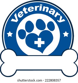 Veterinary Blue Circle Label With Love Paw Print,Cross And Bone Under Text. Vector Illustration Isolated on white