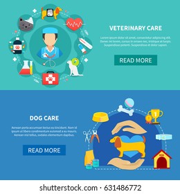 Veterinary care and accessories for pet dog horizontal banners flat isolated vector illustration