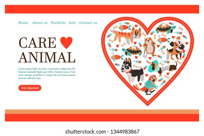 Veterinary care. Care of animals. Banner with space for text for veterinary clinic. A set of cute sick animals.