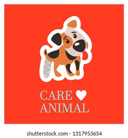 Veterinary care. Care of animals. Cute dog Jack Russell Terrier with a broken leg. The emblem of the clinic. Vector illustration of a sticker.