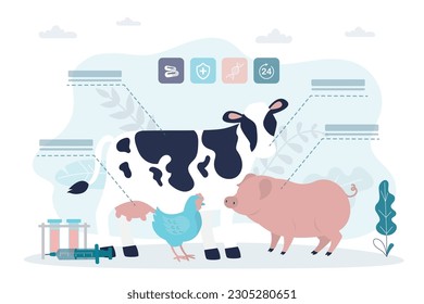 Veterinary care for farm animals - cow, pig, chicken. Health check, medicine, animal treatment. Agriculture industry, farming and animal husbandry healthcare and medical concept. vector illustration