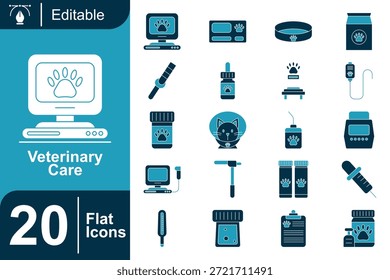 Conjunto de iconos planos de cuidado veterinario con salud de mascotas, tratamiento de animales, herramientas médicas y servicios clínicos. Estilo plano agradable con Formas limpias y símbolos claros, perfecto para App veterinarios, Sitios web e infografías.