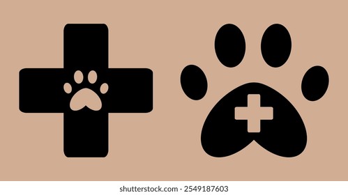 Icono de cuidado veterinario. La pata del animal en el fondo de la cruz médica. Primeros auxilios para mascotas. Cuidado animal