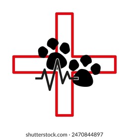 Veterinary care icon. Red cross and paw. Heartbeat line vector. Animal health symbol.