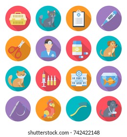 Veterinary care icon set. Expert services and compasionate help for pets, animal hospital providing veterinary care to dogs, cats. Vector flat style cartoon illustration isolated on white background