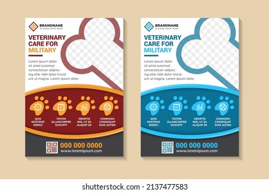 Veterinary Care For Military Flyer Template Design. Pet Care Flyer Leaflet Design. Best Care For Your Pet Poster, Cover. Space For Photo Collage, Infographic And Text. Two Color Selected.