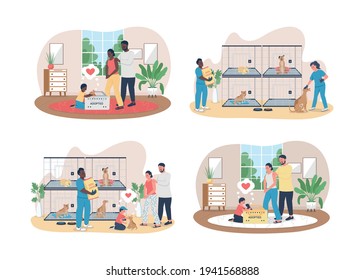 Veterinary care for pets 2D vector web banner, poster set. Family with dogs flat characters on cartoon background. Shelter for homeless animals printable patch, colorful web element collection