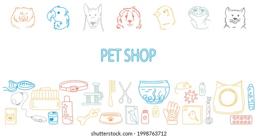 Veterinary care for pets advertising banner template. Pet shop border pattern with care tools, food, medicine and little animals. Color line print on white.