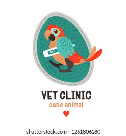 Veterinary care. Sticker, vector illustration for veterinary clinic. Colorful parrot with a thermometer under the wing.